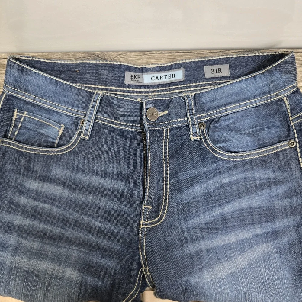 BKE Buckle Carter Straight Jeans Size 31 R   Mens Blue Denim Cotton Thick Stitch